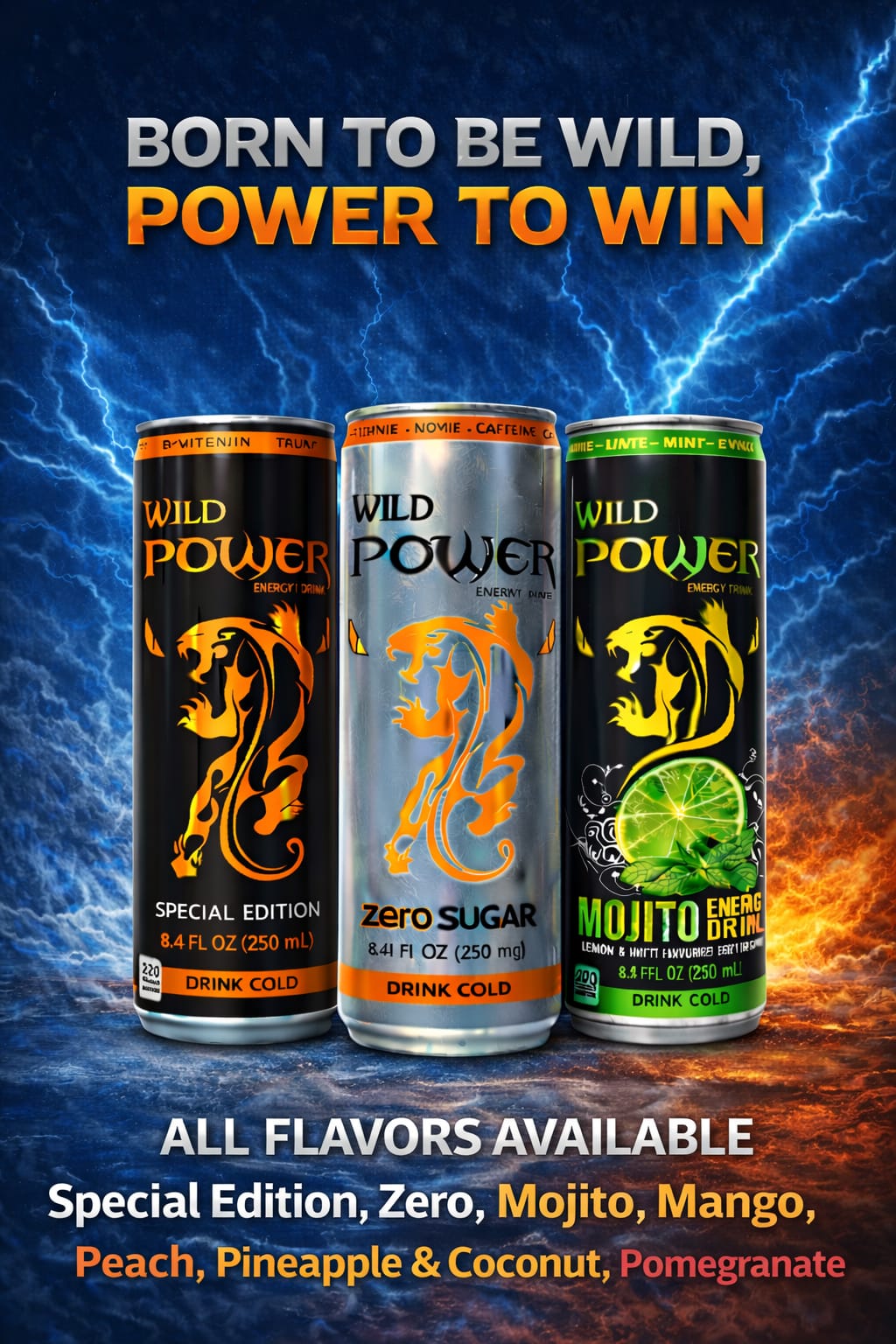 Wild Power Energy Drink slim cans in Special Edition, Zero Sugar and Mojito